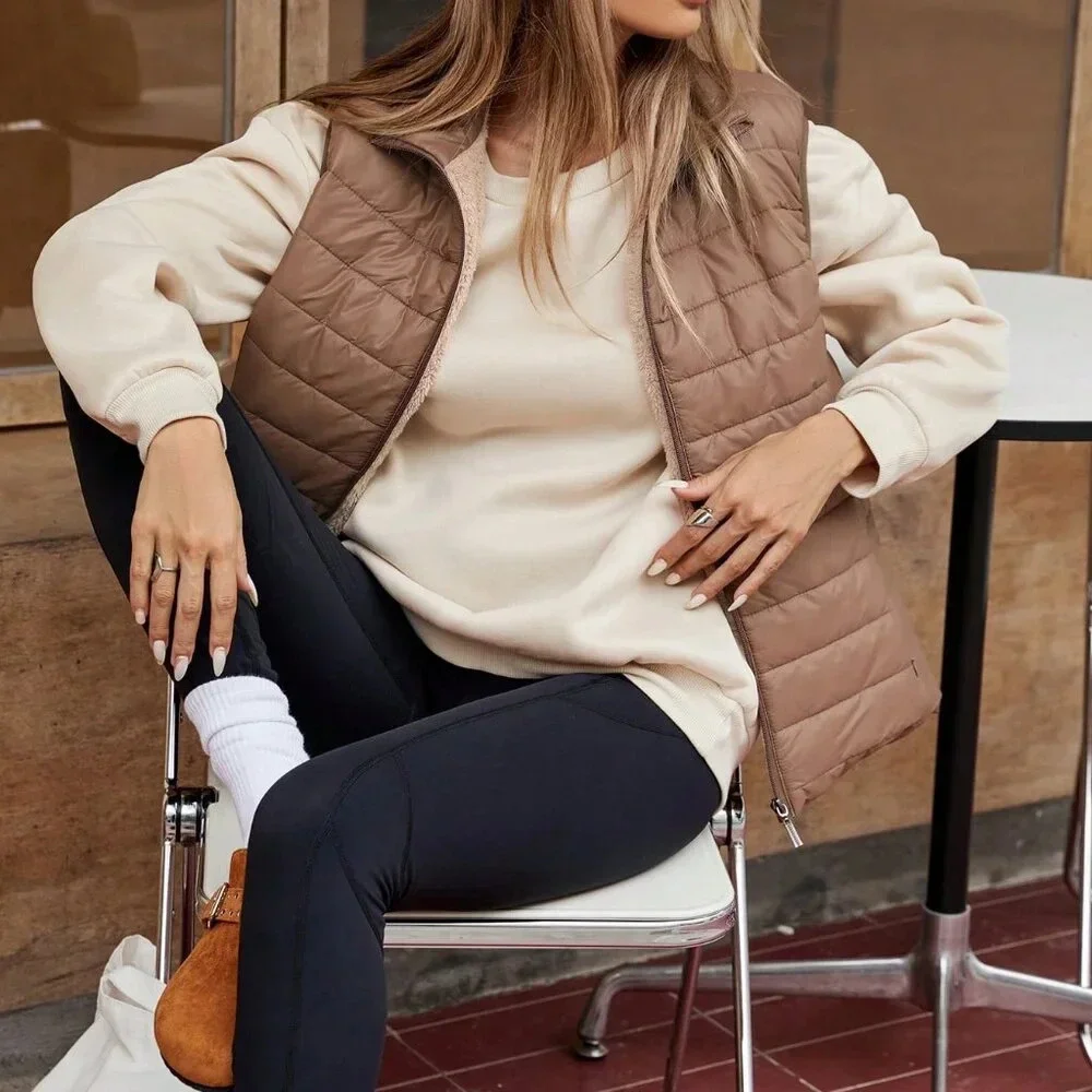 Coffee Brown Casual Women's Clothes Style Sleeveless Short Stand Collar Vest - Picture 3 of 6